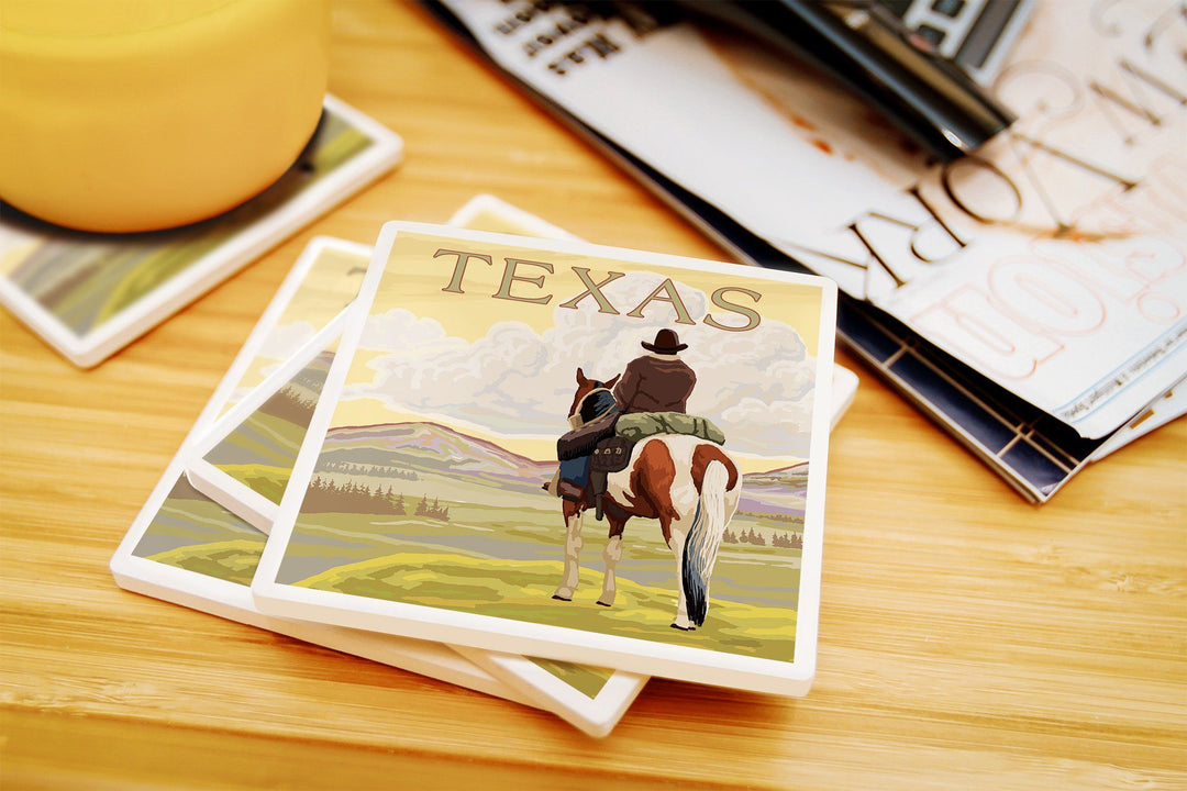 Texas, Cowboy on Ridge, Lantern Press Poster, Coaster Set Coasters Lantern Press 