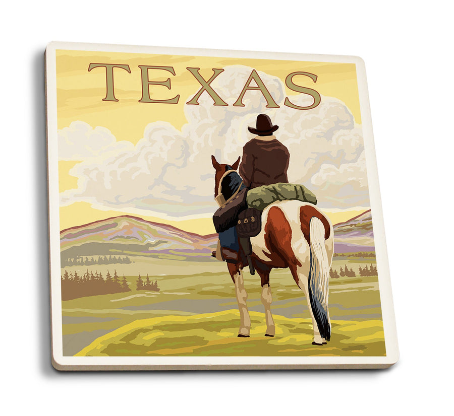 Texas, Cowboy on Ridge, Lantern Press Poster, Coaster Set Coasters Lantern Press 