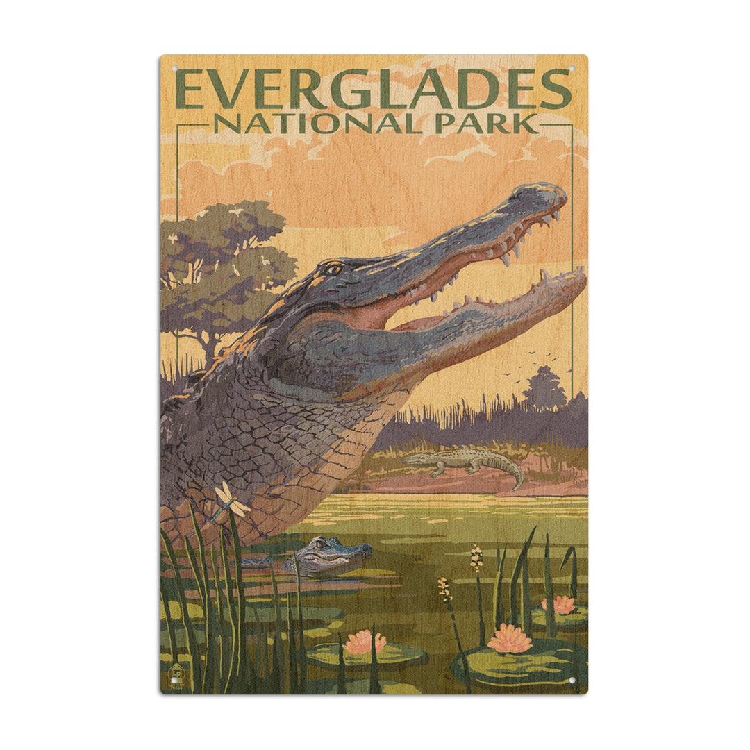 The Everglades National Park, Florida, Alligator Scene, Painterly National Park Series, Lantern Press Artwork, Wood Signs and Postcards Wood Lantern Press 10 x 15 Wood Sign 