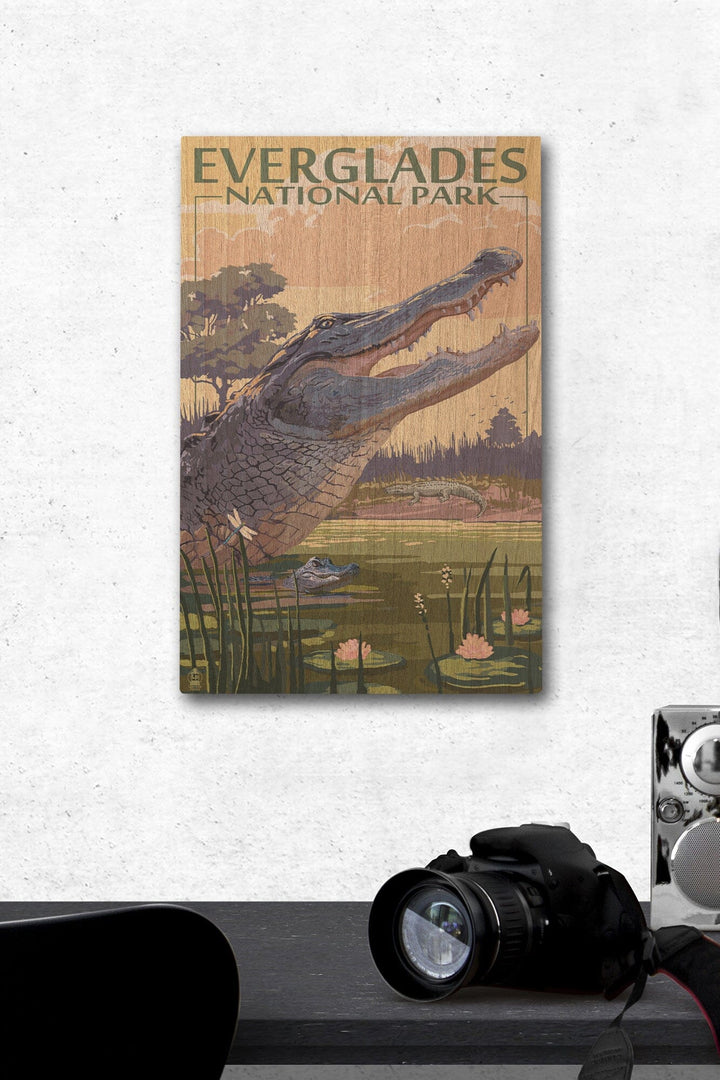 The Everglades National Park, Florida, Alligator Scene, Painterly National Park Series, Lantern Press Artwork, Wood Signs and Postcards Wood Lantern Press 12 x 18 Wood Gallery Print 