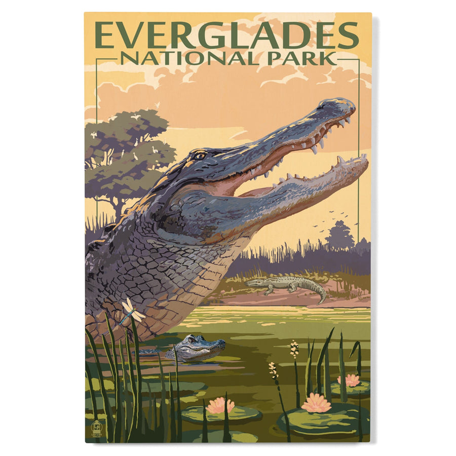The Everglades National Park, Florida, Alligator Scene, Painterly National Park Series, Lantern Press Artwork, Wood Signs and Postcards Wood Lantern Press 