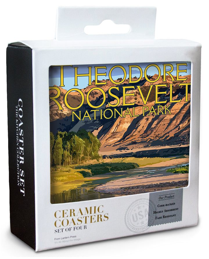 Theodore Roosevelt National Park, North Dakota, Bison Crossing River, Lantern Press Artwork, Coaster Set Coasters Lantern Press 