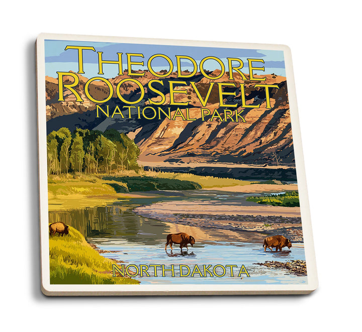 Theodore Roosevelt National Park, North Dakota, Bison Crossing River, Lantern Press Artwork, Coaster Set Coasters Lantern Press 