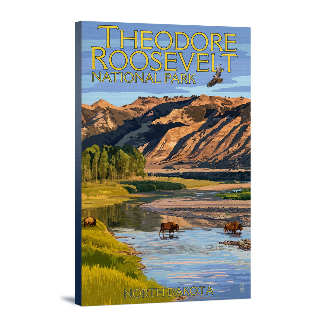 Theodore Roosevelt National Park, North Dakota, Bison Crossing River, Lantern Press Artwork, Stretched Canvas Canvas Lantern Press 