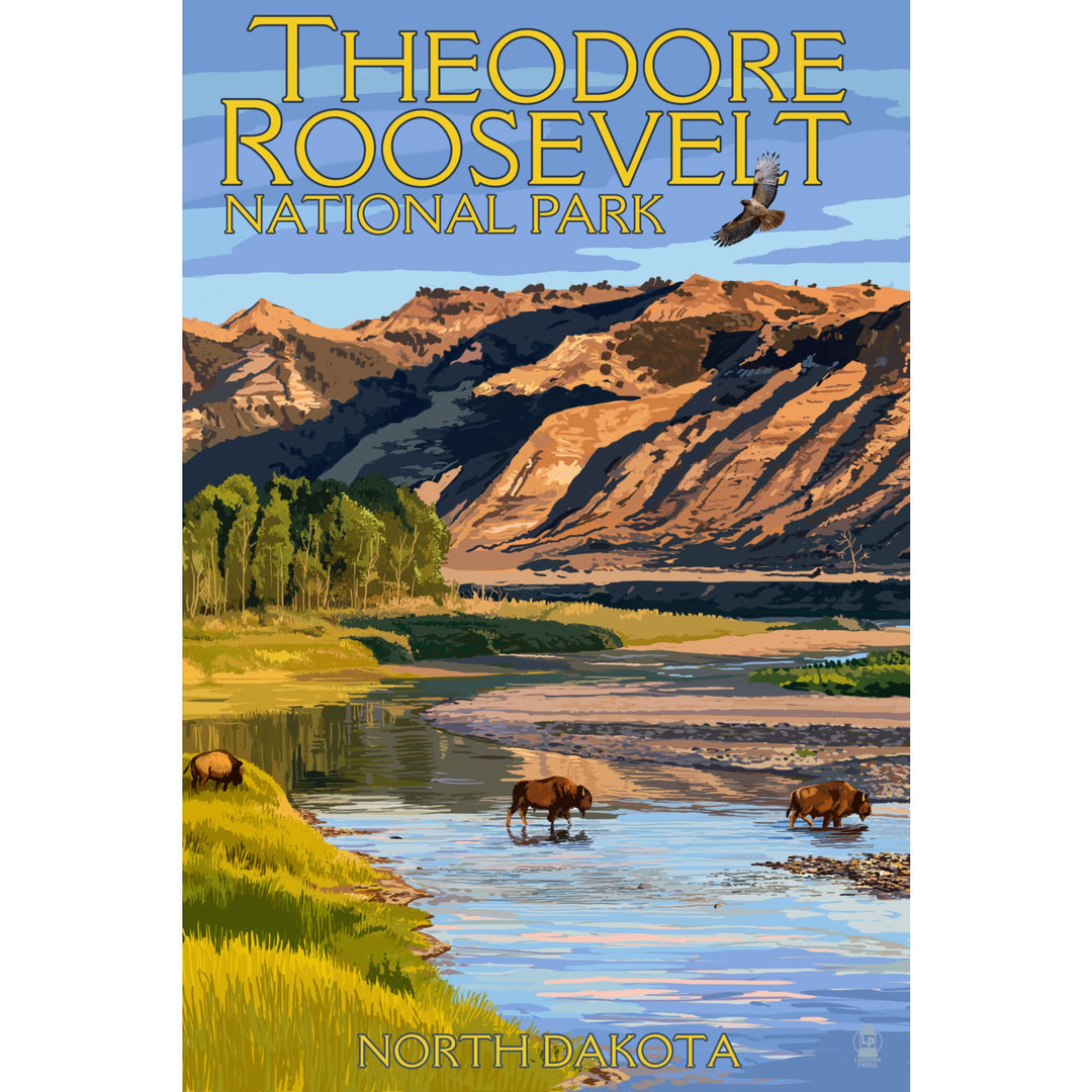 Theodore Roosevelt National Park, North Dakota, Bison Crossing River, Lantern Press Artwork, Stretched Canvas Canvas Lantern Press 