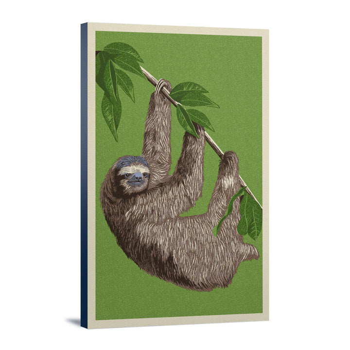 Three Toed Sloth, Letterpress, Lantern Press Artwork, Stretched Canvas Canvas Lantern Press 12x18 Stretched Canvas 