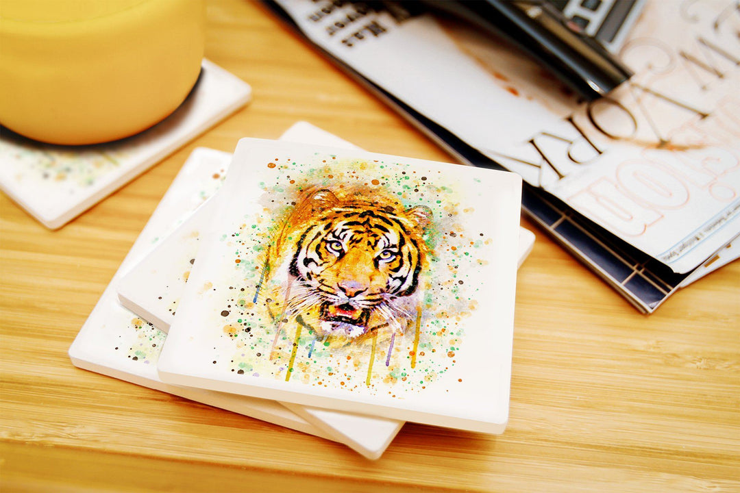 Tiger, Watercolor, Lantern Press Artwork, Coaster Set Coasters Lantern Press 