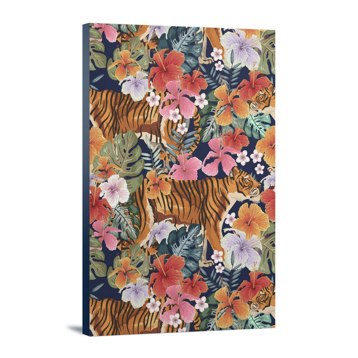 Tigers and Flowers, Seamless Vector Pattern, Stretched Canvas Canvas Lantern Press 24x36 Stretched Canvas 