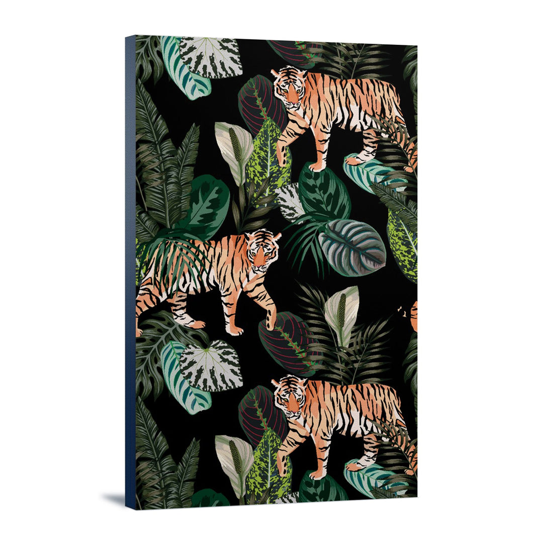 Tigers at Night, Seamless Vector Pattern, Stretched Canvas Canvas Lantern Press 12x18 Stretched Canvas 