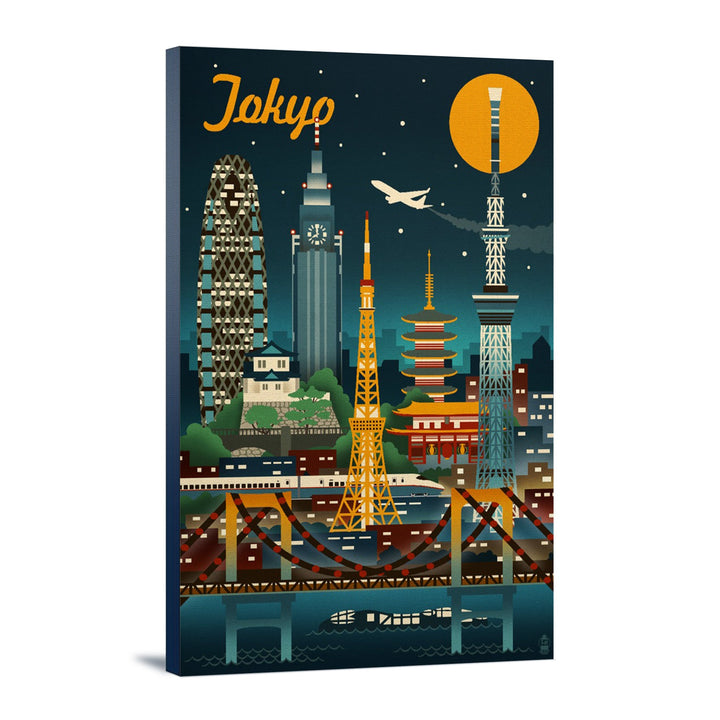Tokyo, Japan, Retro Skyline, Lantern Press Artwork, Stretched Canvas Canvas Lantern Press 12x18 Stretched Canvas 
