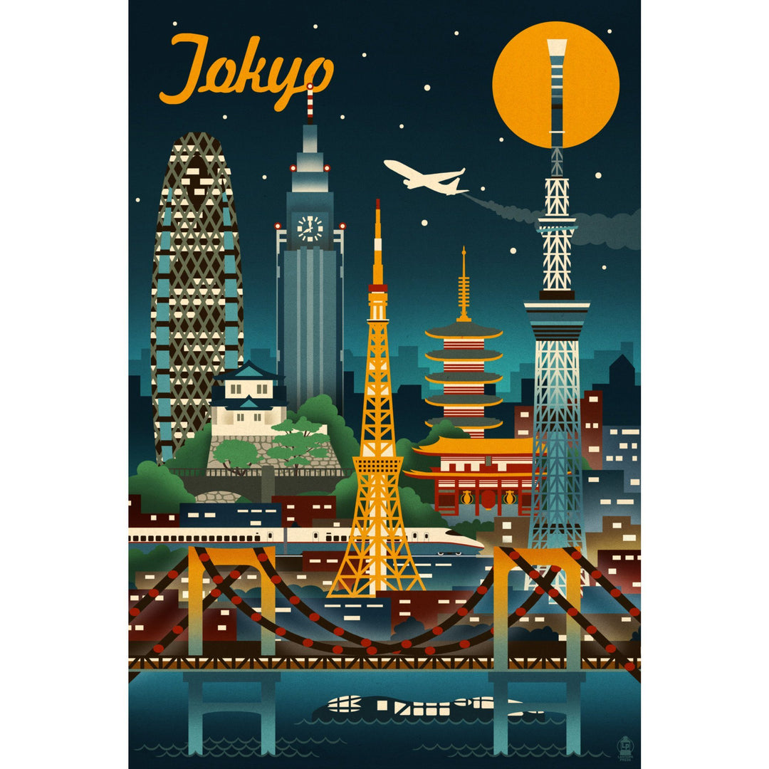 Tokyo, Japan, Retro Skyline, Lantern Press Artwork, Stretched Canvas Canvas Lantern Press 