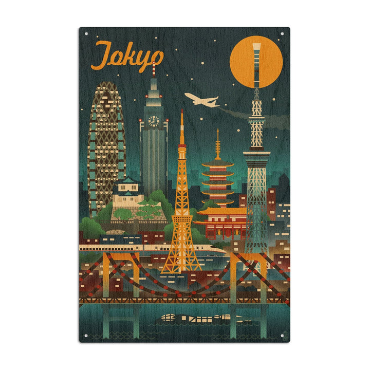 Tokyo, Japan, Retro Skyline, Lantern Press Artwork, Wood Signs and Postcards Wood Lantern Press 10 x 15 Wood Sign 