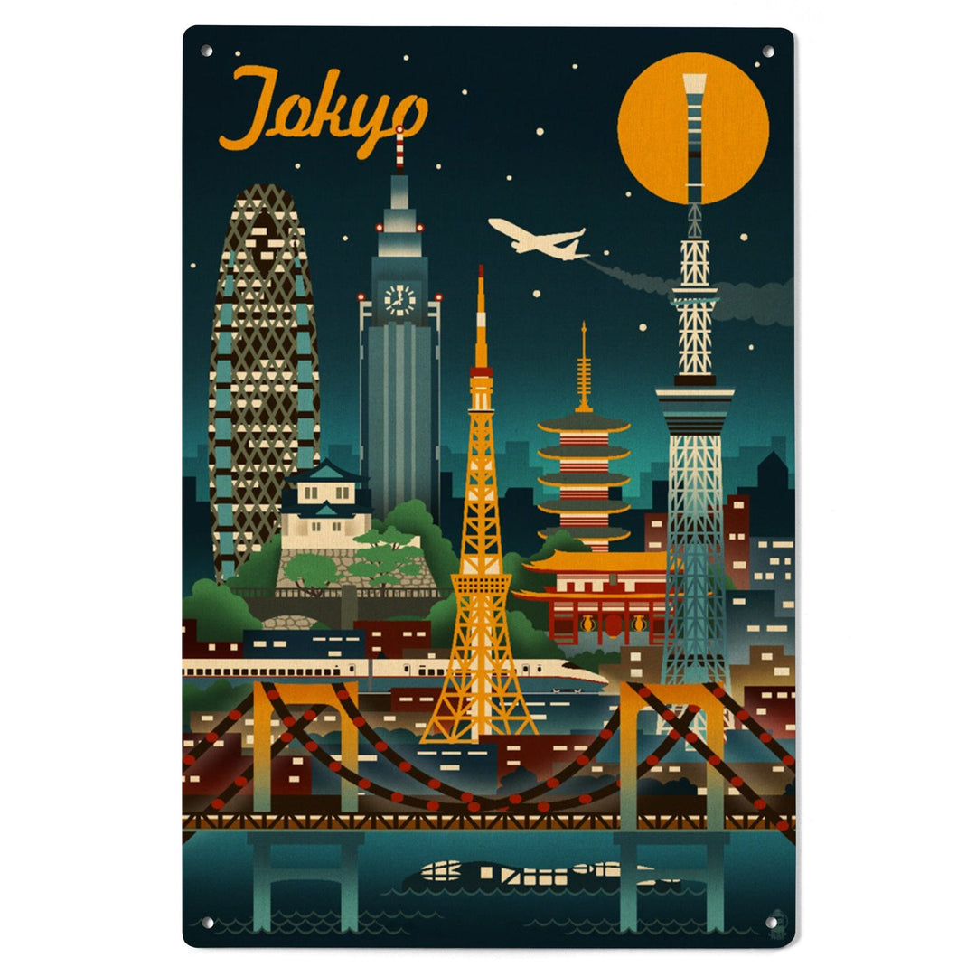 Tokyo, Japan, Retro Skyline, Lantern Press Artwork, Wood Signs and Postcards Wood Lantern Press 