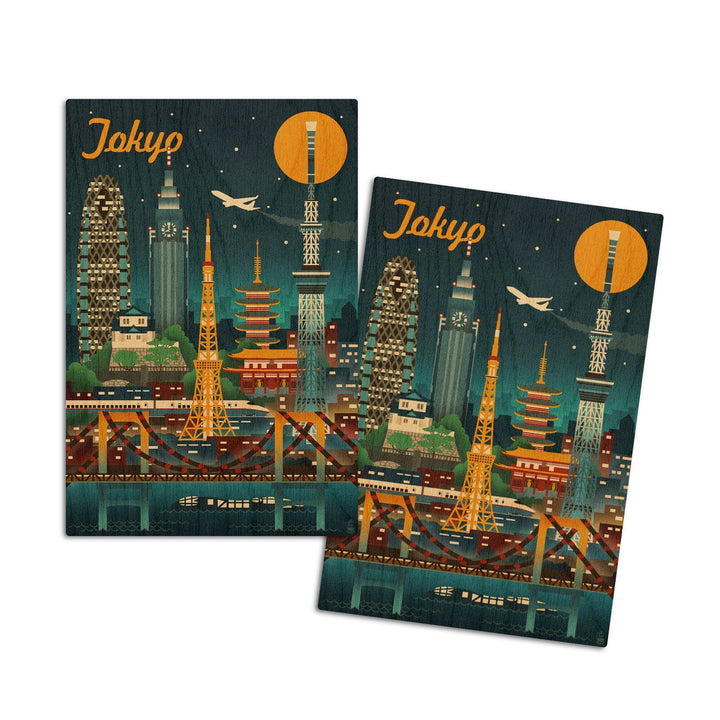Tokyo, Japan, Retro Skyline, Lantern Press Artwork, Wood Signs and Postcards Wood Lantern Press 4x6 Wood Postcard Set 