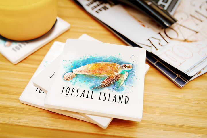 Topsail Island, North Carolina, Sea Turtle, Watercolor, Lantern Press Artwork, Coaster Set Coasters Lantern Press 