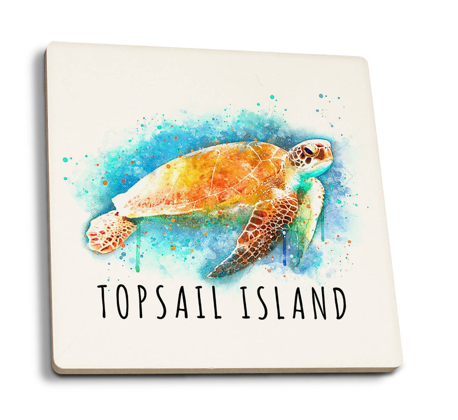 Topsail Island, North Carolina, Sea Turtle, Watercolor, Lantern Press Artwork, Coaster Set Coasters Lantern Press 