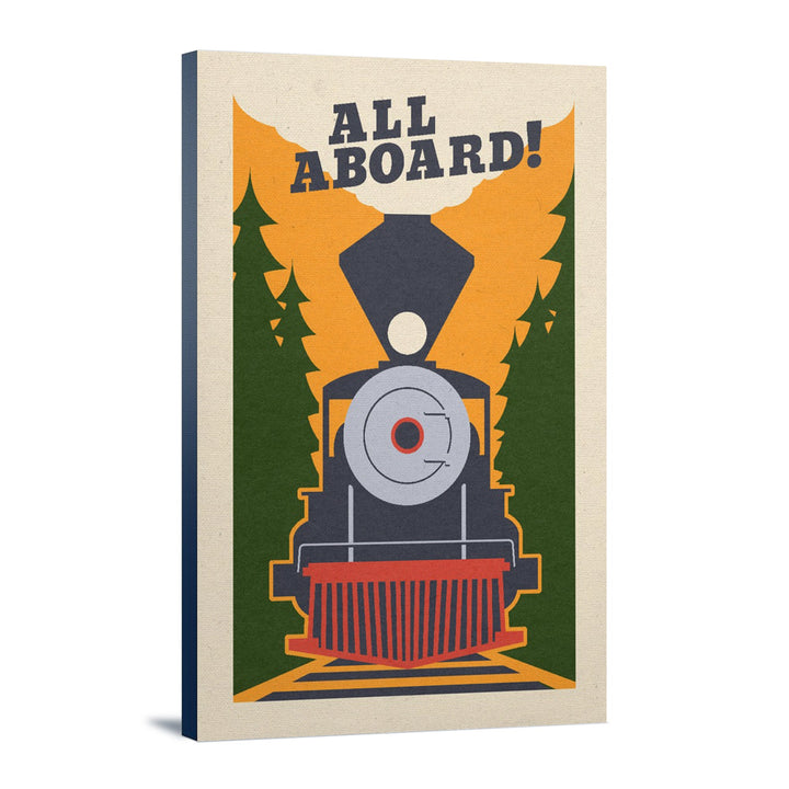 Train, All Aboard, Woodblock, Lantern Press Artwork, Stretched Canvas Canvas Lantern Press 16x24 Stretched Canvas 