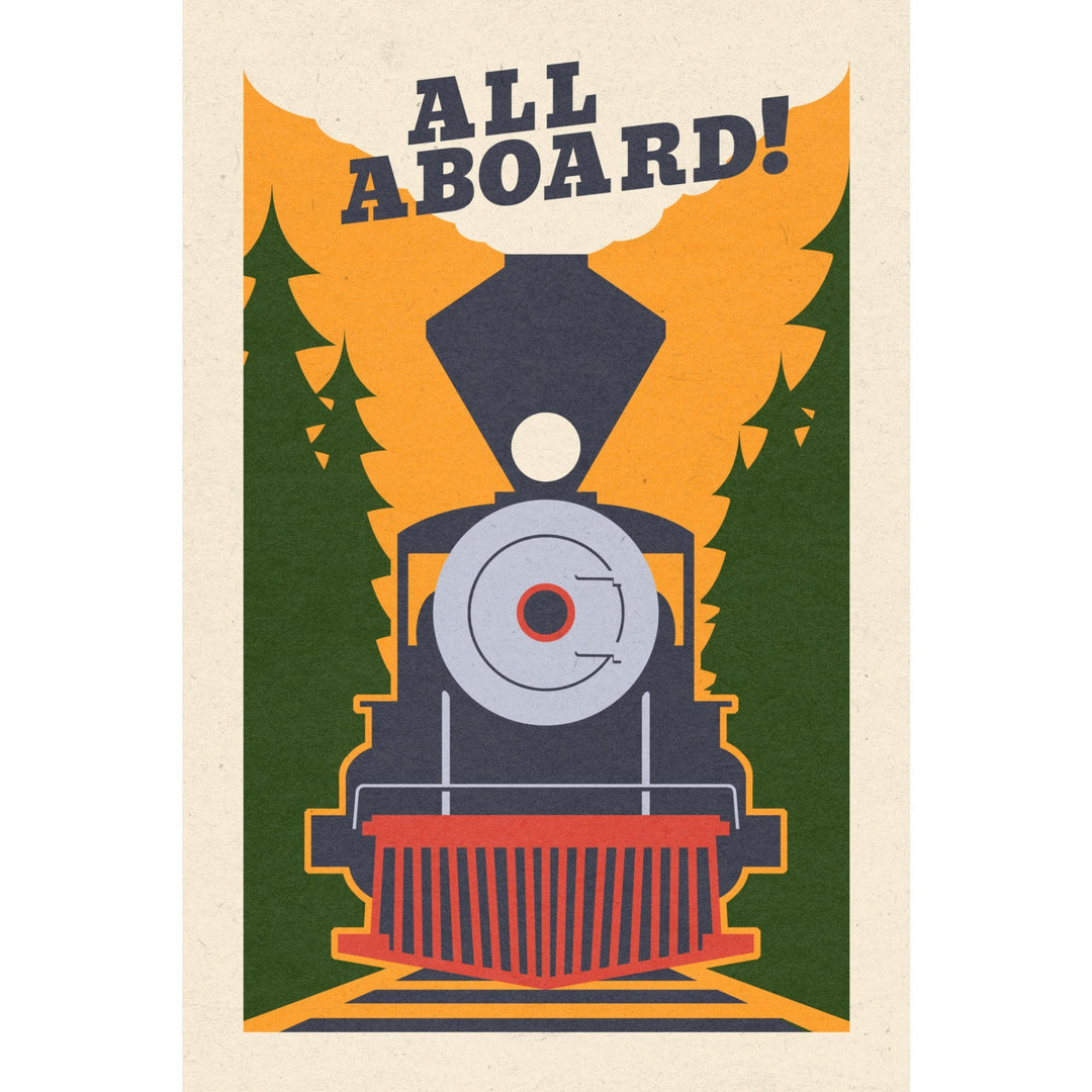 Train, All Aboard, Woodblock, Lantern Press Artwork, Stretched Canvas Canvas Lantern Press 