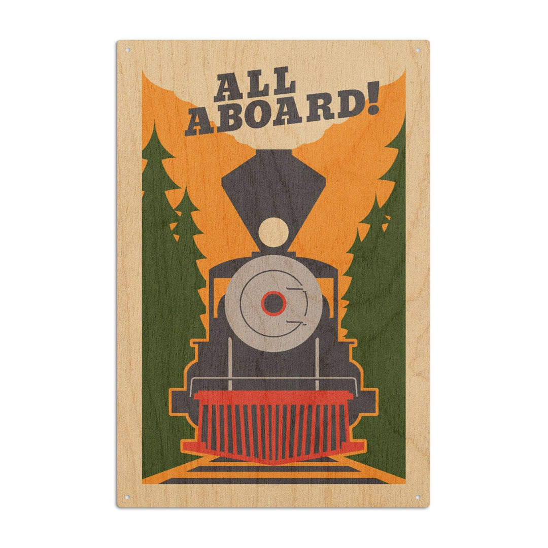 Train, All Aboard, Woodblock, Lantern Press Artwork, Wood Signs and Postcards Wood Lantern Press 10 x 15 Wood Sign 