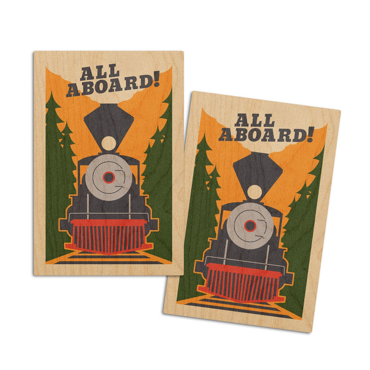 Train, All Aboard, Woodblock, Lantern Press Artwork, Wood Signs and Postcards Wood Lantern Press 4x6 Wood Postcard Set 
