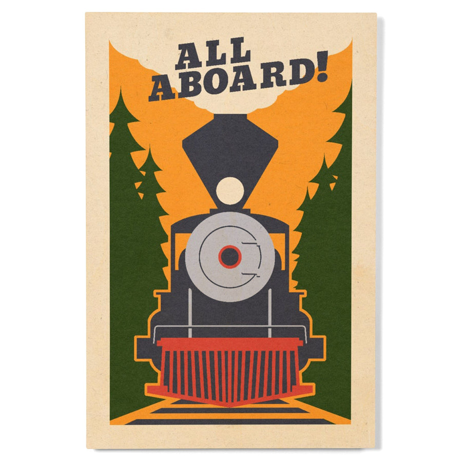 Train, All Aboard, Woodblock, Lantern Press Artwork, Wood Signs and Postcards Wood Lantern Press 