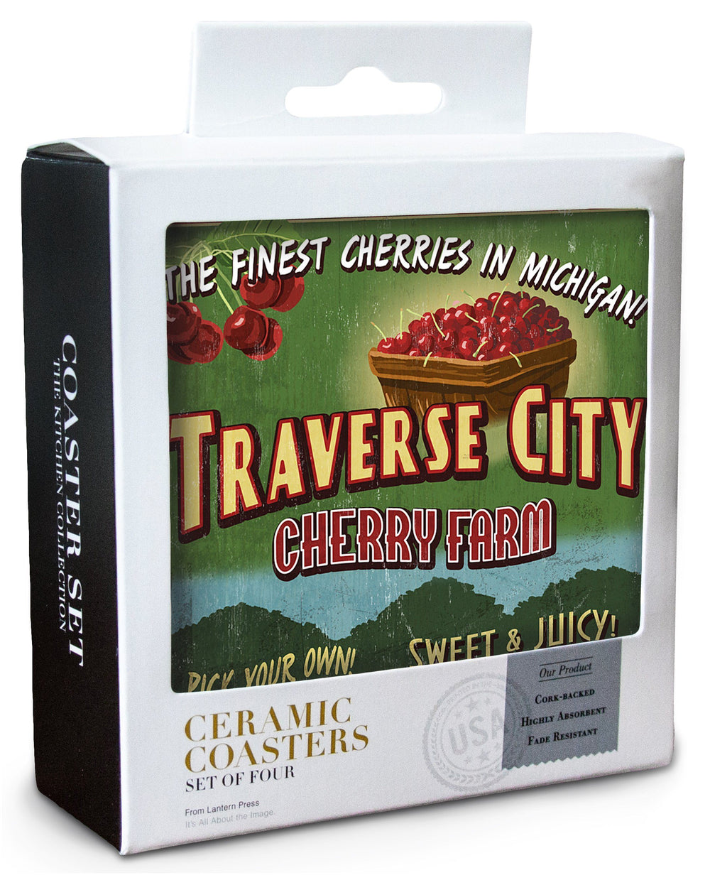 Traverse City, Michigan, Cherry Farm Vintage Sign, Lantern Press Artwork, Coaster Set Coasters Lantern Press 
