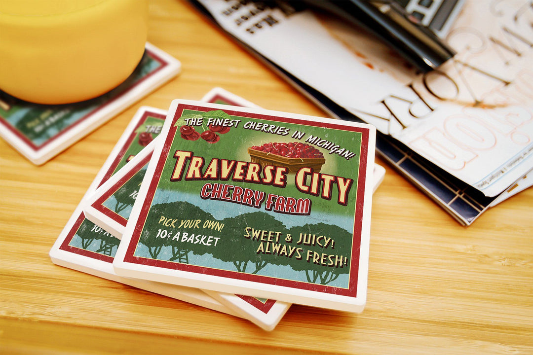 Traverse City, Michigan, Cherry Farm Vintage Sign, Lantern Press Artwork, Coaster Set Coasters Lantern Press 