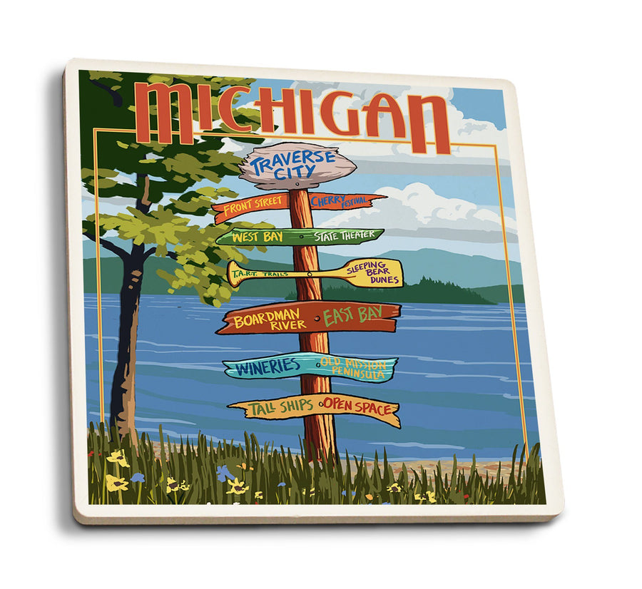 Traverse City, Michigan, Destinations Sign, Lantern Press Artwork, Coaster Set Coasters Lantern Press 
