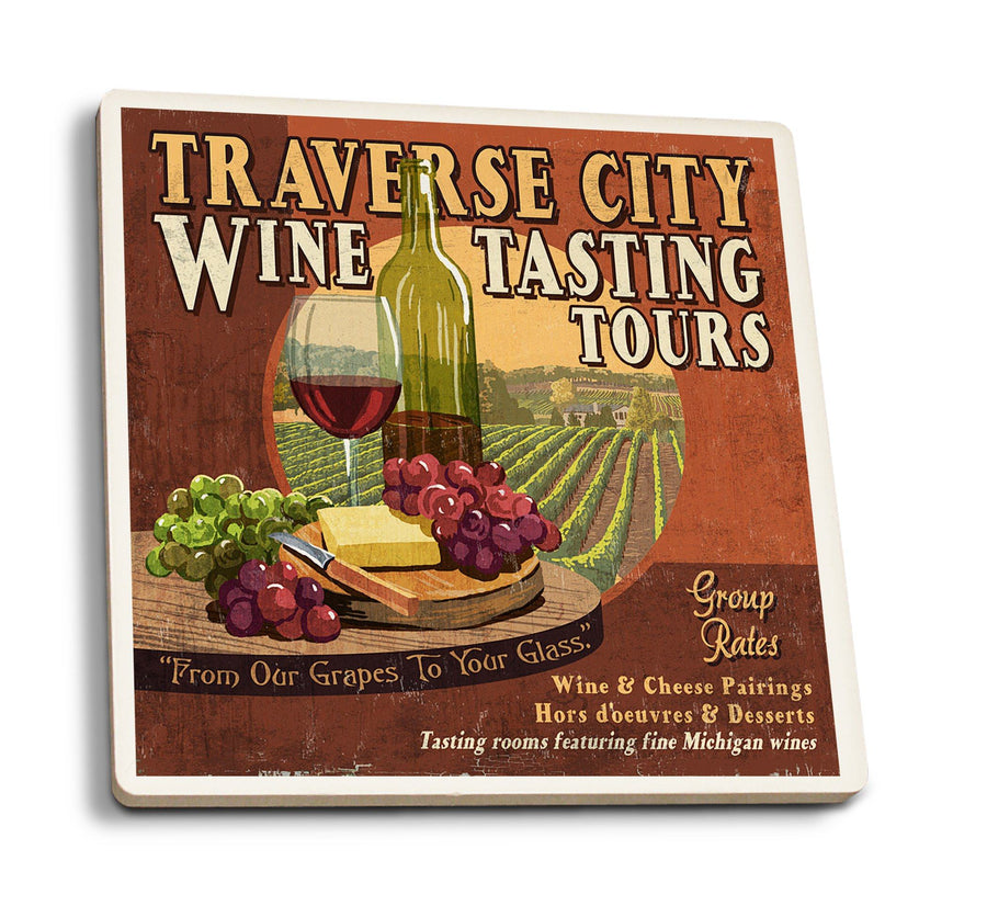 Traverse City, Michigan, Wine Tasting Vintage Sign, Lantern Press Artwork, Coaster Set Coasters Lantern Press 