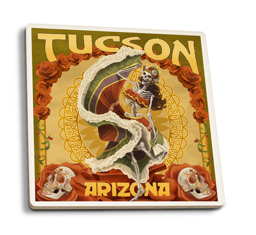 Tucson, Arizona, Day of the Dead Skeleton Dancing, Lantern Press Artwork, Coaster Set Coasters Lantern Press 