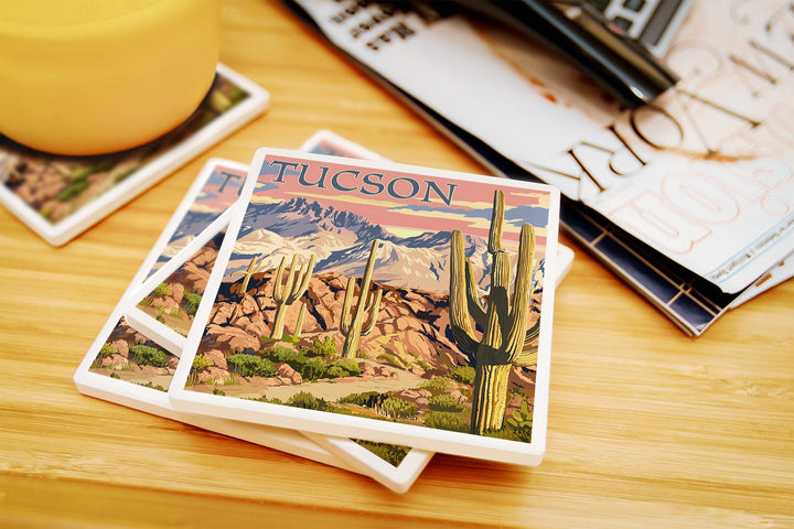 Tucson, Arizona, Desert Cactus Trail Scene at Sunset, Lantern Press Artwork, Coaster Set Coasters Lantern Press 