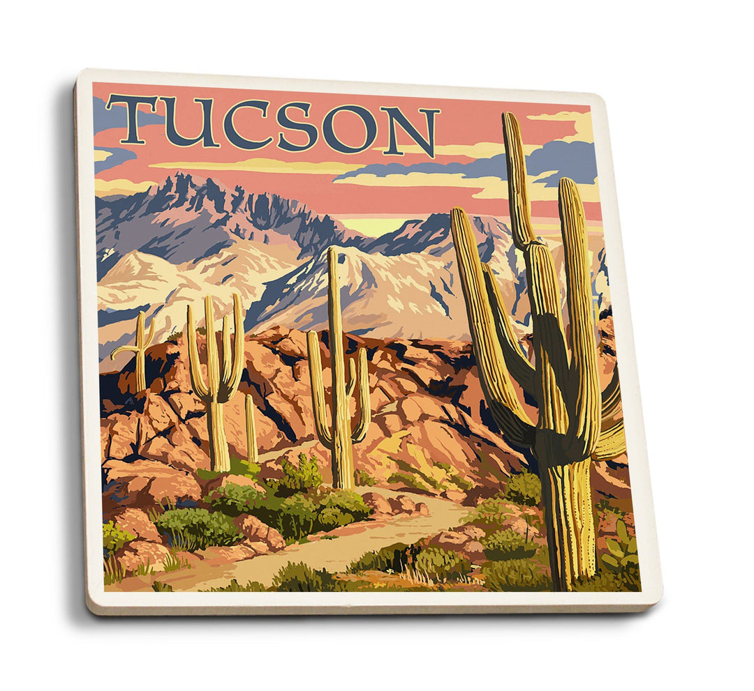 Tucson, Arizona, Desert Cactus Trail Scene at Sunset, Lantern Press Artwork, Coaster Set Coasters Lantern Press 