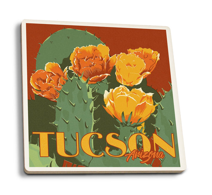 Tucson, Arizona, Prickly Pear Cactus, Letterpress, Lantern Press Artwork, Coaster Set Coasters Lantern Press 