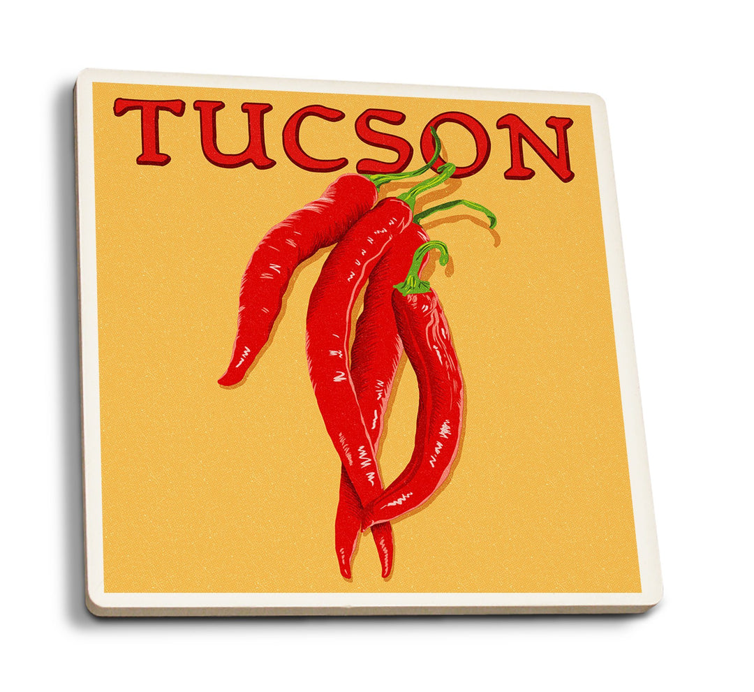 Tucson, Arizona, Red Chiles, Letterpress, Lantern Press Artwork, Coaster Set Coasters Lantern Press 