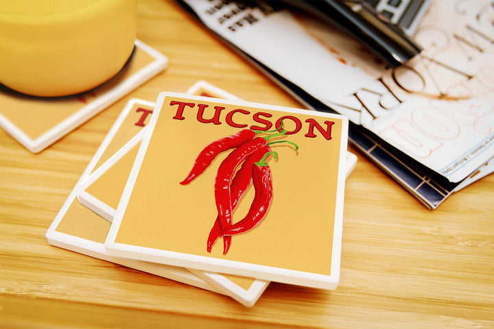 Tucson, Arizona, Red Chiles, Letterpress, Lantern Press Artwork, Coaster Set Coasters Lantern Press 