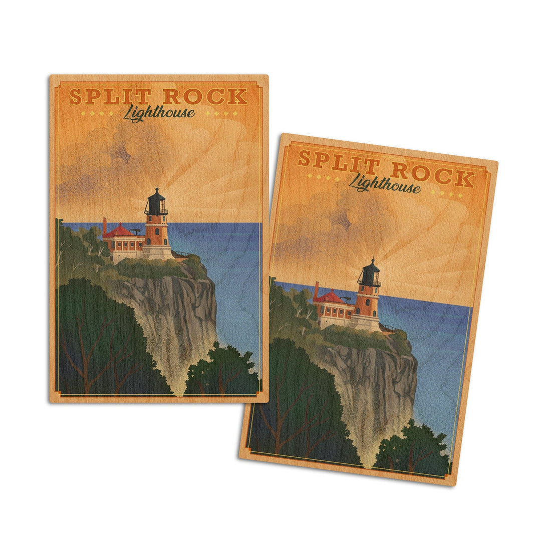 Two Harbors, Minnesota, Split Rock Lighthouse, Lithograph, Lantern Press Artwork, Wood Signs and Postcards Wood Lantern Press 4x6 Wood Postcard Set 