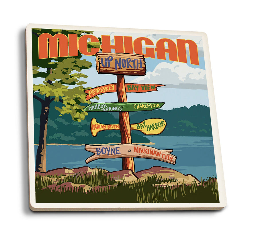 Up North, Michigan, Destinations Sign, Lantern Press Artwork, Coaster Set Coasters Lantern Press 