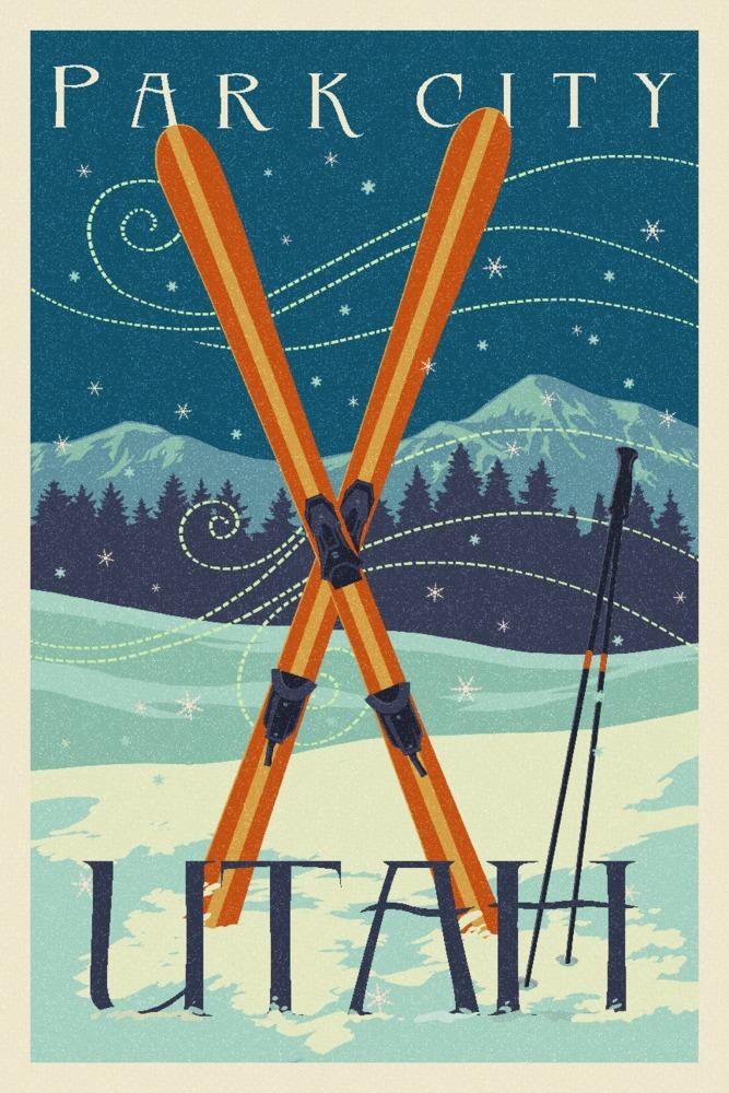 Utah, Crossed Skis, Letterpress, Lantern Press Artwork, Art Prints and Metal Signs Art Lantern Press 12 x 18 Art Print 