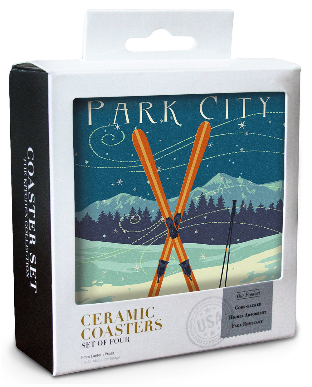 Utah, Crossed Skis, Letterpress, Lantern Press Artwork, Coaster Set Coasters Lantern Press 