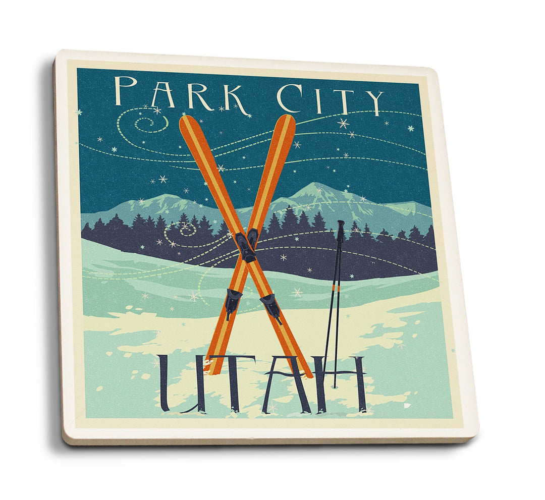 Utah, Crossed Skis, Letterpress, Lantern Press Artwork, Coaster Set Coasters Lantern Press 