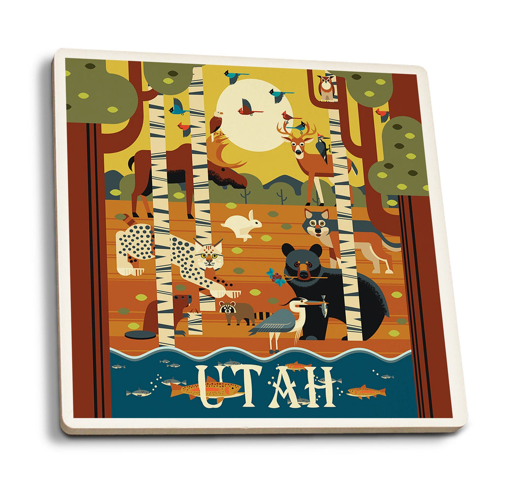 Utah, Forest Animals, Geometric, Lantern Press Artwork, Coaster Set Coasters Lantern Press 