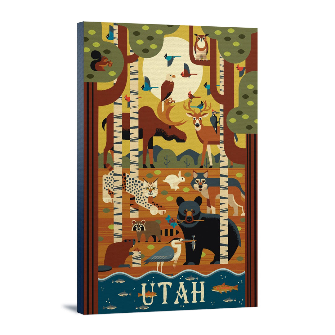 Utah, Forest Animals, Geometric, Lantern Press Artwork, Stretched Canvas Canvas Lantern Press 12x18 Stretched Canvas 