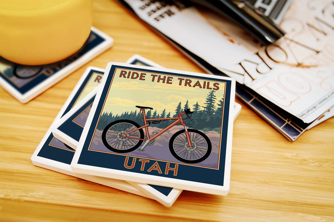 Utah, Mountain Bike Scene, Lantern Press Artwork, Coaster Set Coasters Lantern Press 