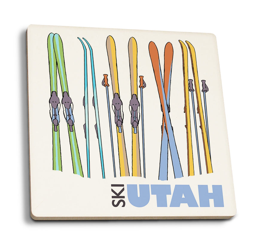 Utah, Skis in Snow, Lantern Press Artwork, Coaster Set Coasters Lantern Press 