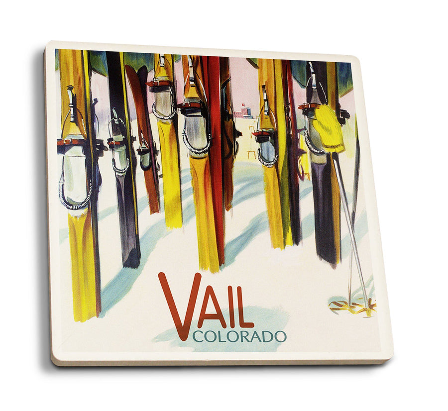 Vail, Clorado, Colorful Skis, Lantern Press Artwork, Coaster Set Coasters Lantern Press 