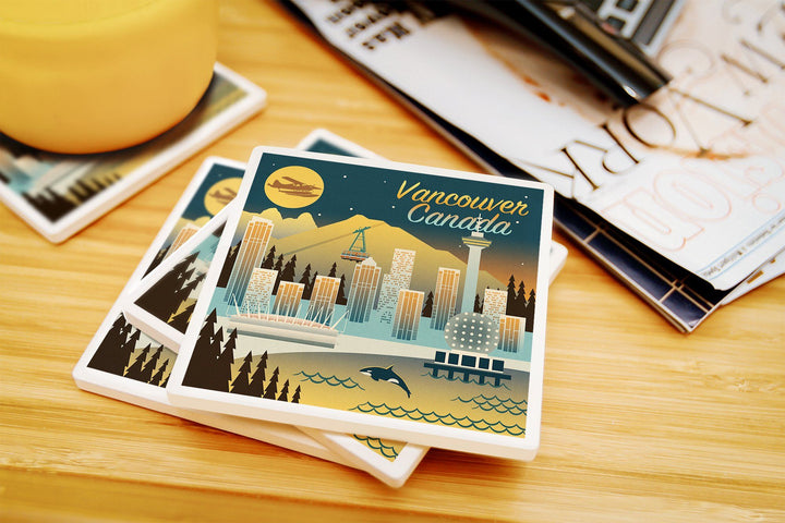 Vancouver, Canada, Retro Skyline Chromatic Series, Lantern Press Artwork, Coaster Set Coasters Lantern Press 