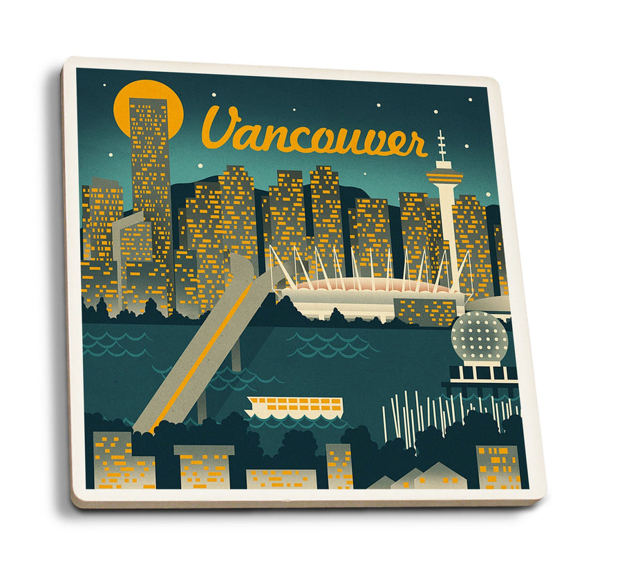 Vancouver, Canada, Retro Skyline, Lantern Press Artwork, Coaster Set Coasters Lantern Press 