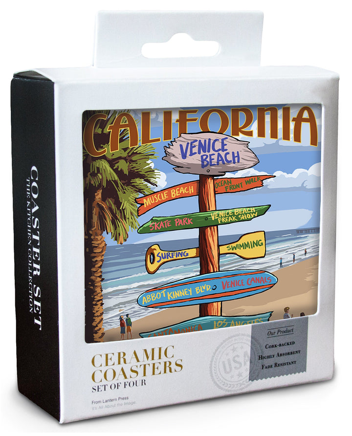 Venice Beach, California, Destinations Sign, Lantern Press Artwork, Coaster Set Coasters Lantern Press 