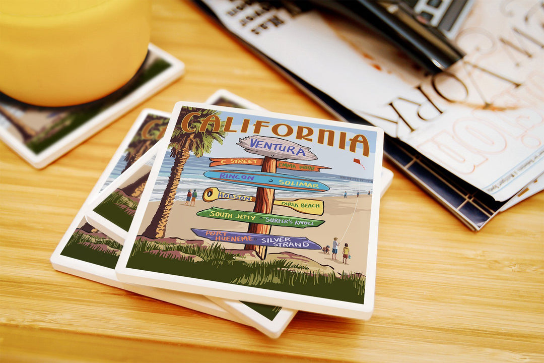 Ventura, California, Destination Sign, Kids with Kite, Lantern Press Artwork, Coaster Set Coasters Lantern Press 