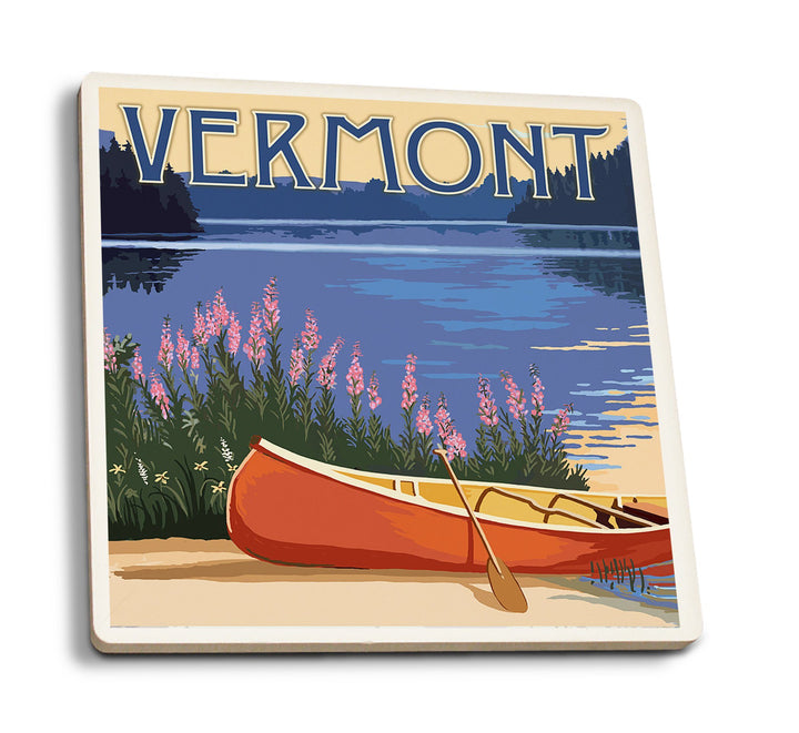 Vermont, Canoe and Lake, Lantern Press Artwork, Coaster Set Coasters Lantern Press 